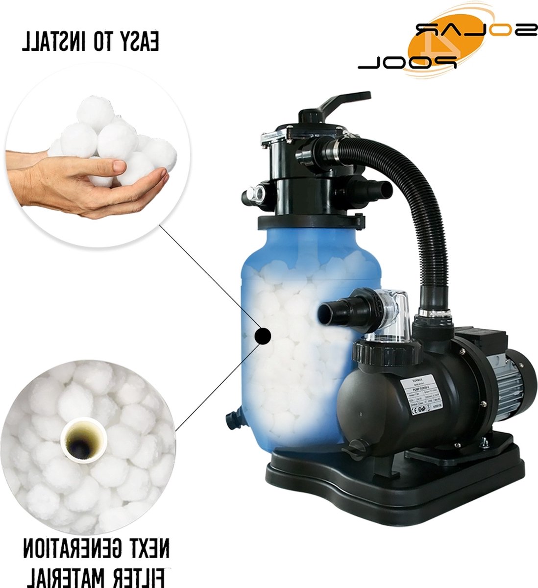 Sunmax Filter systeem zandfilterpomp 7500 l/uur zwembad pomp met filter mandje + Filterbollen (extra filtratie) en VIDEOHandleiding | voor Zand Glas Filterbollen. Zwembadpomp elk zwembad | 32mm en 38mm slangen – foto 4