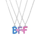 Bixorp Friends BFF Ketting voor 3 met Glitters & Magneet - Roze & Blauw - Zilverkleurig - BFF Sieraad