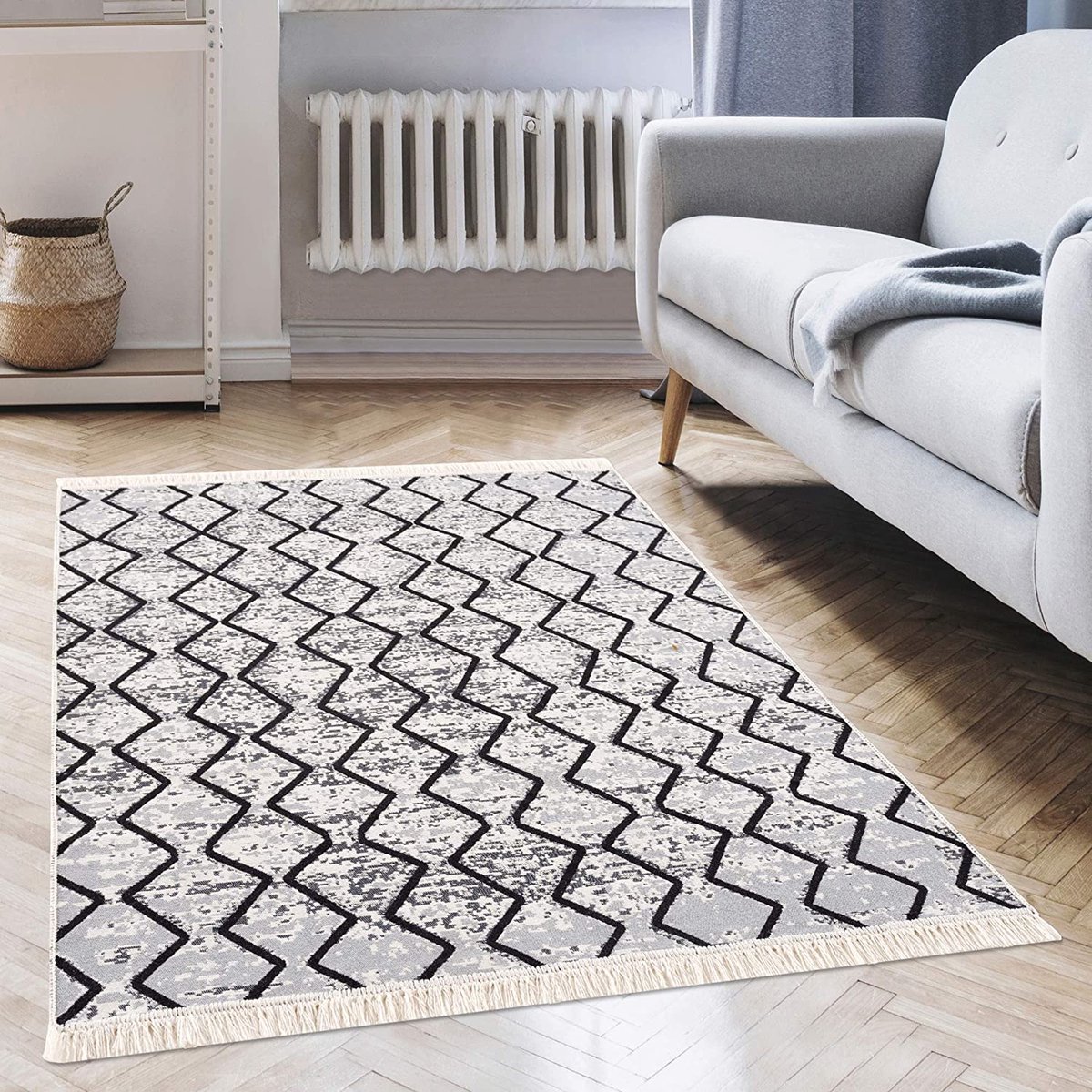 TAPISO Boho Tapis Salon Gris Foncé Franges Tresses Shaggy Doux