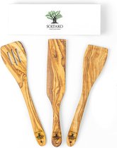 Hoogwaardige spatel in praktische 3-delige set van hoogwaardig olijfhout, spatula, keukenhulp van olijfhout, handgemaakt, krasbestendige spatel, ca. 30 cm