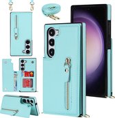 Casemania Hoesje Geschikt voor Samsung Galaxy S23 Plus Turquoise - Luxe Back Cover met Koord - Wallet Case - Pasjeshouder