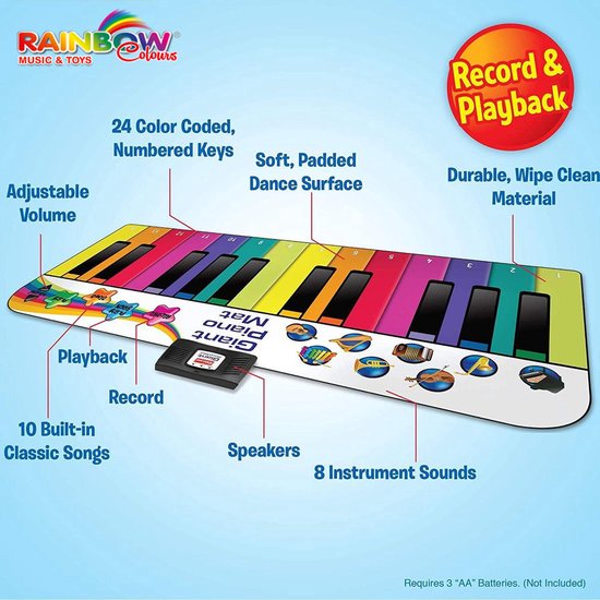 Rainbow Colours Dansmat XXL - Interactieve Speelmat - Piano Mat - 1,8m - 10 Demoliedjes - rainbow colours
