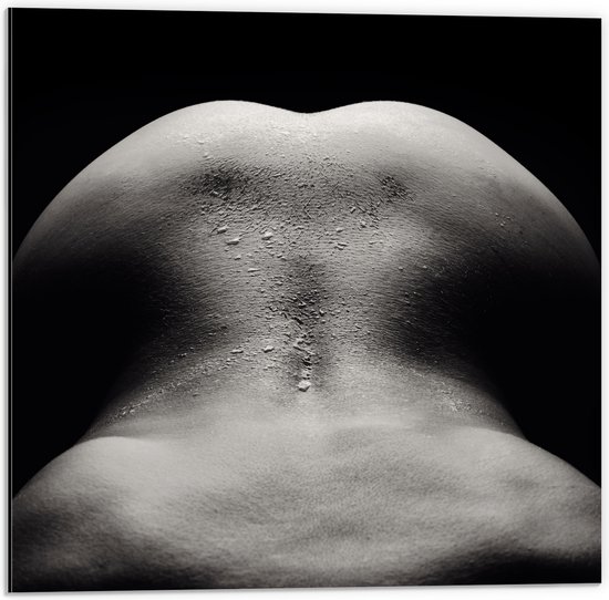 Dibond - Uitzicht op Vrouwelijke Rug en Billen (Zwart- wit) - 50x50 cm Foto op Aluminium (Met Ophangsysteem)