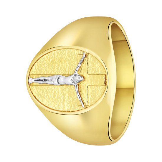 Lucardi Heren Gerecycled stalen goldplated ring met kruis - Ring - Staal - Goudkleurig