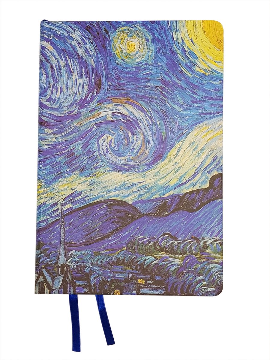 Ecozz gelinieerd notitieboek - Harde kaft - Vincent van Gogh - Starry Night - A5 Formaat - 80 pagina's - Twee leeslinten - Elastieken sluiting - Voorzien van opbergvak - FSC! - Notitieboek A5 - Gelijnd - Opent plat - 100g/m2 ivoor wit papier