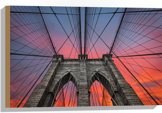 Hout - Uitzicht vanaf Brooklyn Bridge, New York City - 60x40 cm - 9 mm dik - Foto op Hout (Met Ophangsysteem)