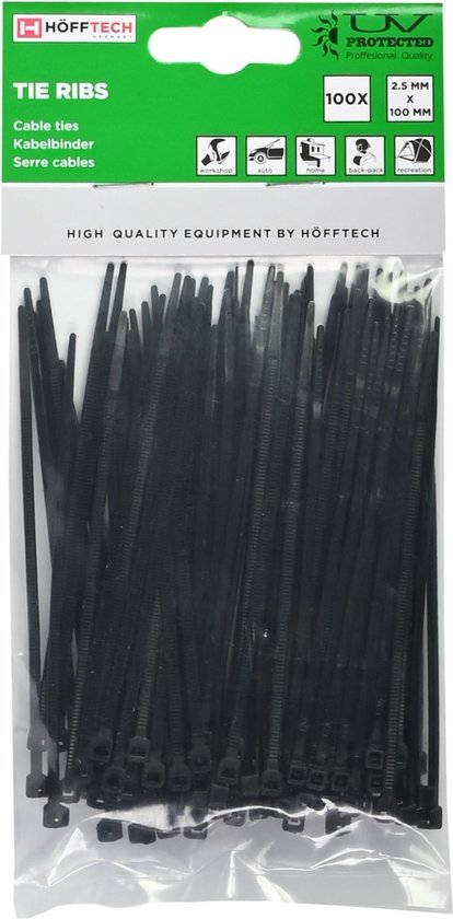 Een pak van 100 zwarte kabelbinders van 2.5 x 100 mm, van Hofftech.