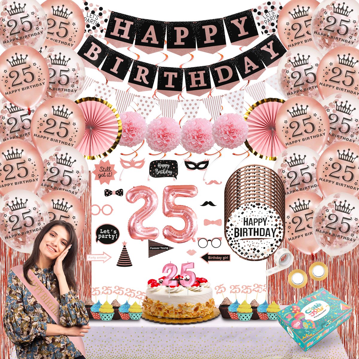 25 Jaar Verjaardag Versiering Rose Goud - 92-Delig Feestpakket Vrouw - Ballonnen Slingers Cijferballon Slinger Gordijn - Verjaardag Decoratie Set - Celejoy