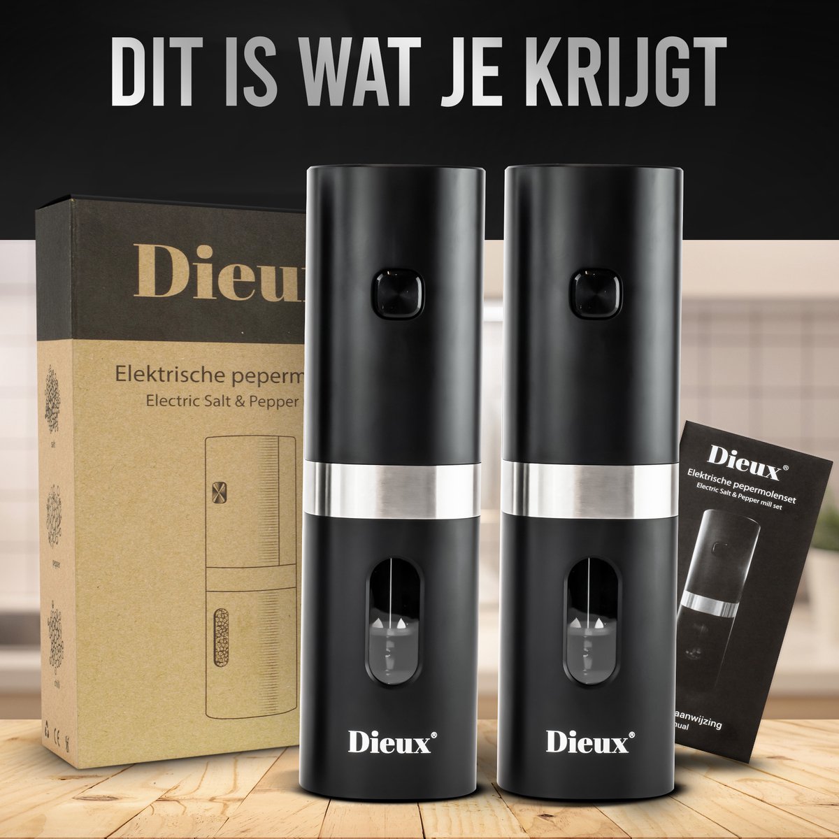 Dieux - Peper en Zoutmolen set - Elektrisch - Pepermolen - Zoutmolen - 2 stuks - Instelbare maalgraad - Hervulbaar - Barbecue - BBQ accesoires - Luxe kwaliteit - Kruidenmolen — cadeau in Kookcadeaus - foto 7