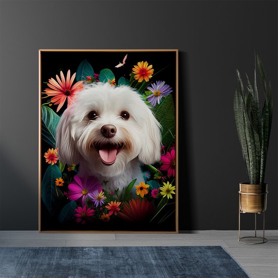 AI - Décoration d'intérieur - Affiche - Animaux - Chien - Fleurs et jungle - 34 - 70 x 100 cm