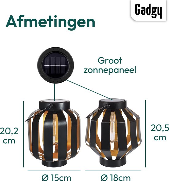 Gadgy Solar Lantaarn Gloeilamp Set van 2 - Solar Tuinverlichting op Zonneenergie – Led Buitenverlichting met dag/nacht Sensor - Tafellamp - Hanglamp - Tuinlantaarn - 20.5 x Ø 18 cm - Zwart - Metaal - Gadgy