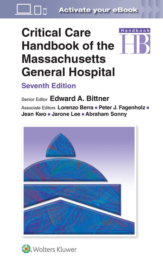 Couverture du livre : Critical Care Handbook of the Massachusetts General Hospital, septième édition. Formes géométriques abstraites bleues et violettes sur la couverture.