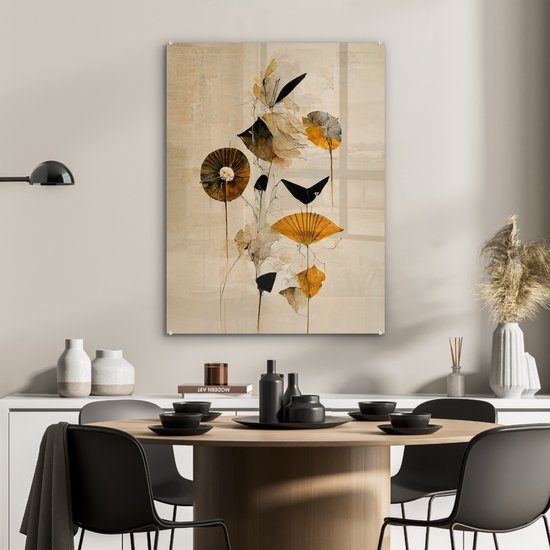 MuchoWow® Peinture sur verre 60x80 cm - Peinture sur verre acrylique - Fleurs - Vintage - Plantes - Or - Photo sur verre - Peintures