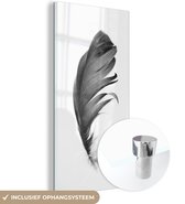 MuchoWow® Glasschilderij 60x120 cm - Schilderij acrylglas - Veer - Zwart - Wit - Natuur - Foto op glas - Schilderijen