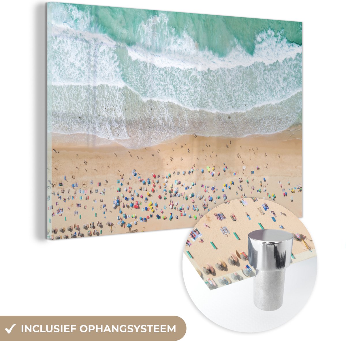 MuchoWow® Glasschilderij 90x60 cm - Schilderij acrylglas - Zee - Strand - Parasols - Water