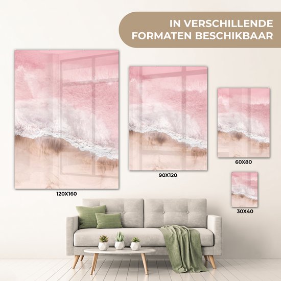 MuchoWow® Peinture sur verre 60x80 cm - Peinture sur verre - Plage - Mer - Rose - Nature - Vagues - Photo sur verre acrylique - Peintures