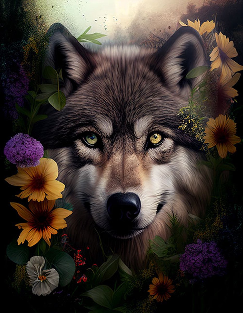 AI - Woondecoratie - Poster - Dieren - Wolf - Bloemen en jungle - 19 - 30 x 40 cm