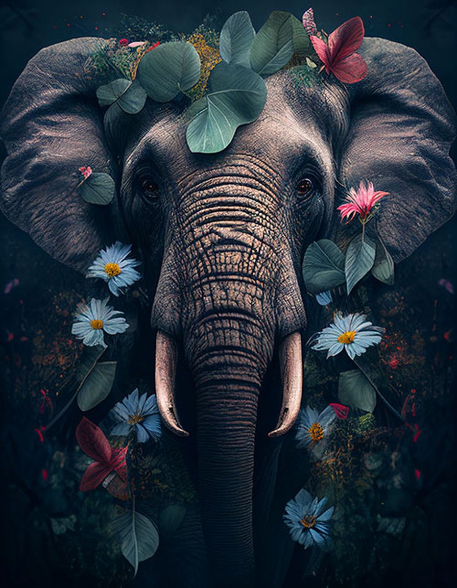 AI - Woondecoratie - Poster - Dieren - Olifant - Bloemen en jungle - 16 - 80 x 120 cm