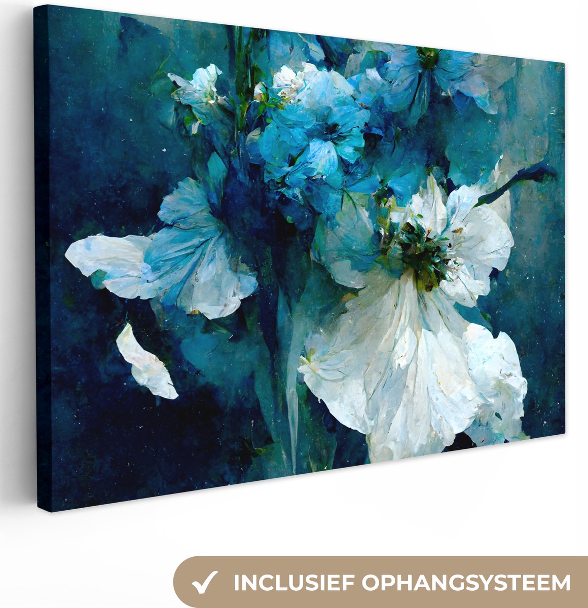 Canvas schilderij 60x40 cm - Wanddecoratie Bloemen - Boeket - Verf - Blauw - Muurdecoratie