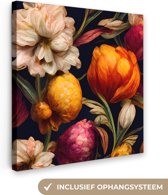 Canvas Schilderij Bloemen - Planten - Kleuren - Wit - 90x90 cm - Wanddecoratie