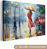 Canvas Schilderij Olieverf - Paraplu - Vrouw - Straat - Kunst - 60x40 cm - Wanddecoratie