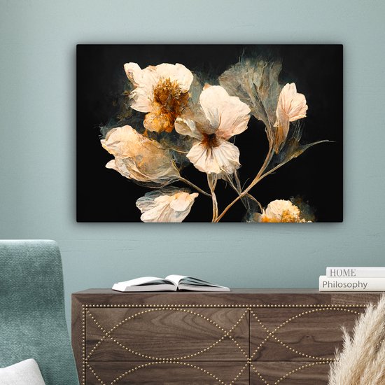 Toile Peinture Fleurs - Zwart - Plantes - Vintage - 60x40 cm - Décoration murale