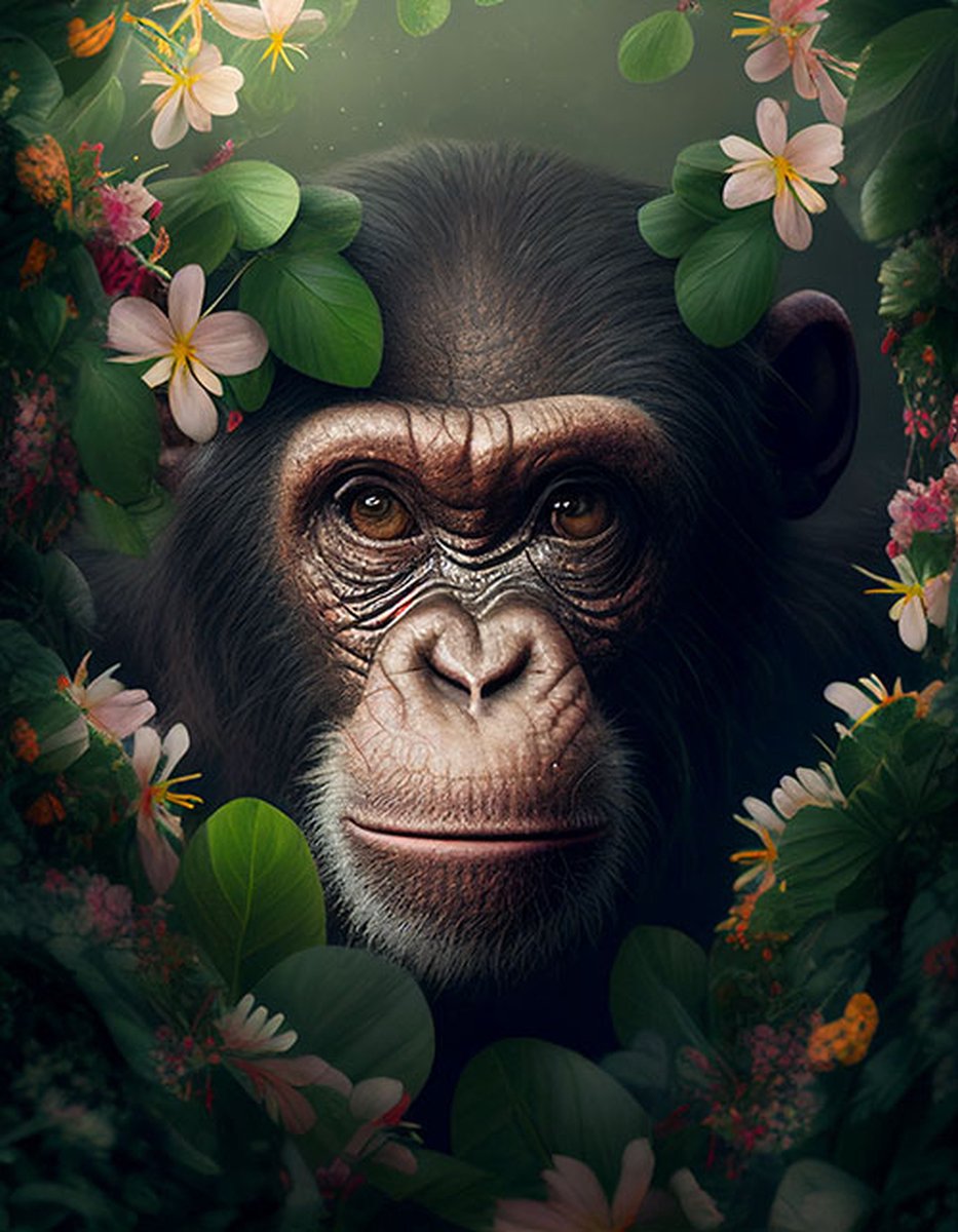 AI - Woondecoratie - Poster - Dieren - Aap - Bloemen en jungle - 1 - 70 x 100 cm
