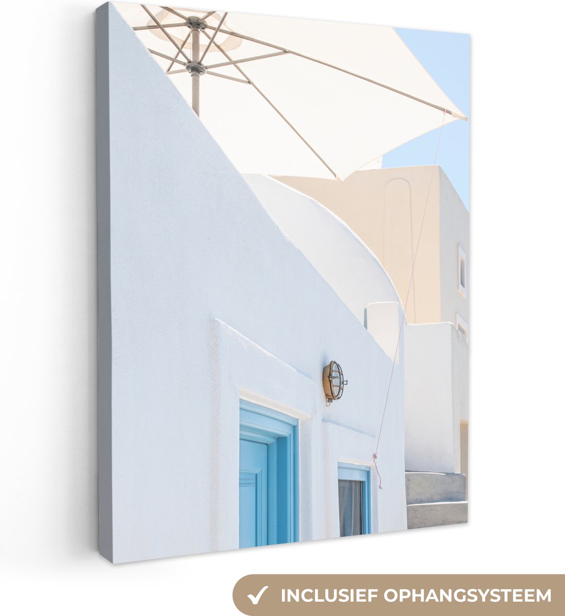 Canvas Schilderij Architectuur - Parasol - Deur - Wit - Blauw - 60x80 cm - Wanddecoratie