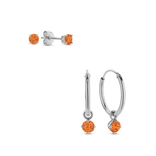 Silventi 9SIL-SET0007 Set Boucles d'oreilles en argent avec pendentif et Clips d'oreilles avec zircone - Diamètre 15 mm - Boutons 3 mm - Oranje - Rhodium - Argent