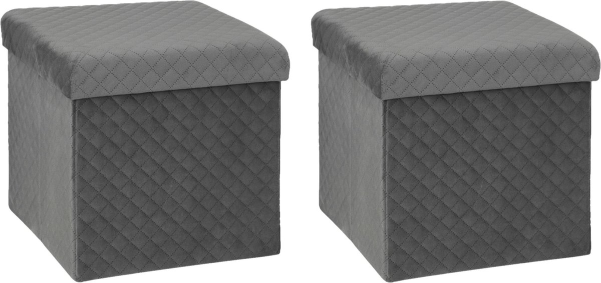 Atmosphera Poef/hocker/voetenbankje - 2x - opbergbox - fluweel donkergrijs - PU/MDF - 31 x 31 x 31 cm - opvouwbaar Dark grey