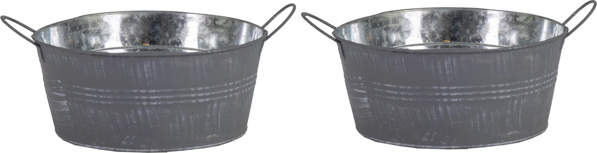 Goedkoopste Mega Collections Teil/emmer/plantenpot - 2x - zink - grijs - rond - D22 x H10 cm