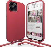 xoxo Wildhearts silicone case met koord - Telefoonhoesje met koord - Backcover hoesje met telefoonkoord - Raspberry Red Cord Case - geschikt voor Apple iPhone 14 Pro Max - rood