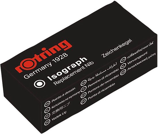 Zwarte verpakking met 'rotring Germany 1928 Isograph Replacement Nib' en meertalige tekst.
