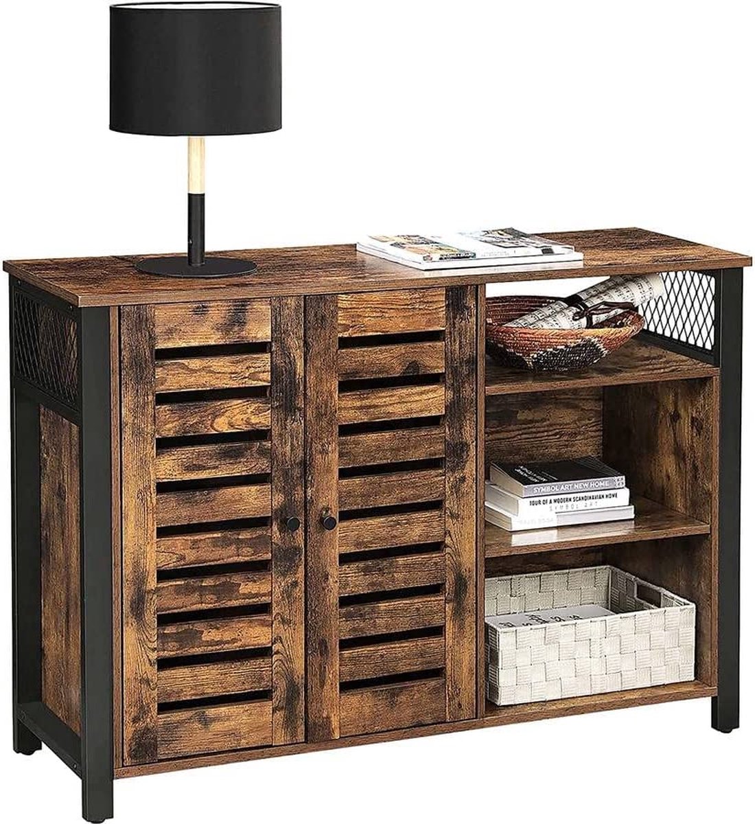 VASAGLE Meuble de Rangement, Buffet, Armoire de Cuisine, Placard, avec 3  Portes, pour Salon, Cuisine, Salle à Manger, 33 x 110 x 75 cm, Style  Rustique, Marron Rustique et Noir LSC096B01 