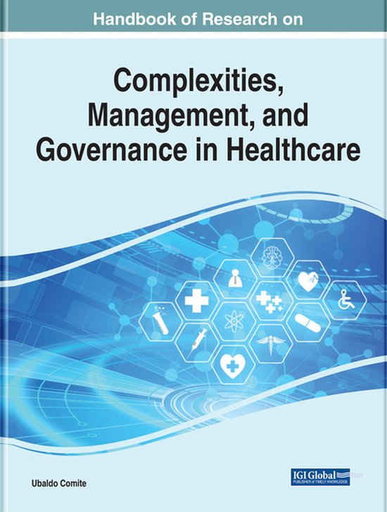 Boekomslag 'Handbook of Research on Complexities, Management, and Governance in Healthcare' met blauwe medische iconen.