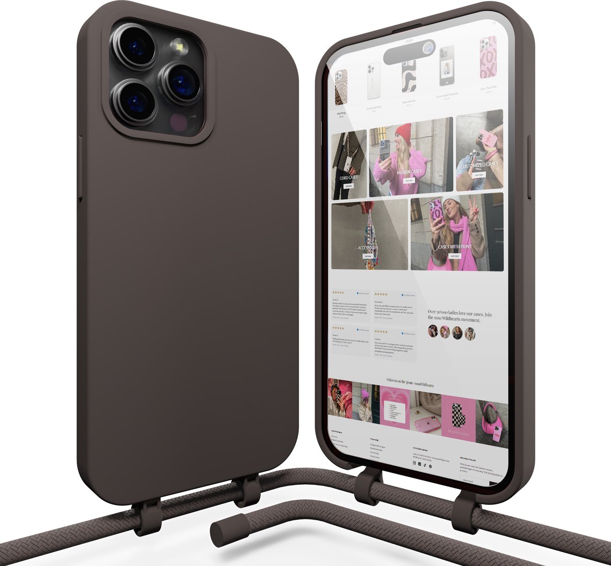 xoxo Wildhearts silicone case met koord - Telefoonhoesje met koord - Backcover hoesje met telefoonkoord - Black Coffee Cord Case - geschikt voor Apple iPhone 14 Pro Max - bruin