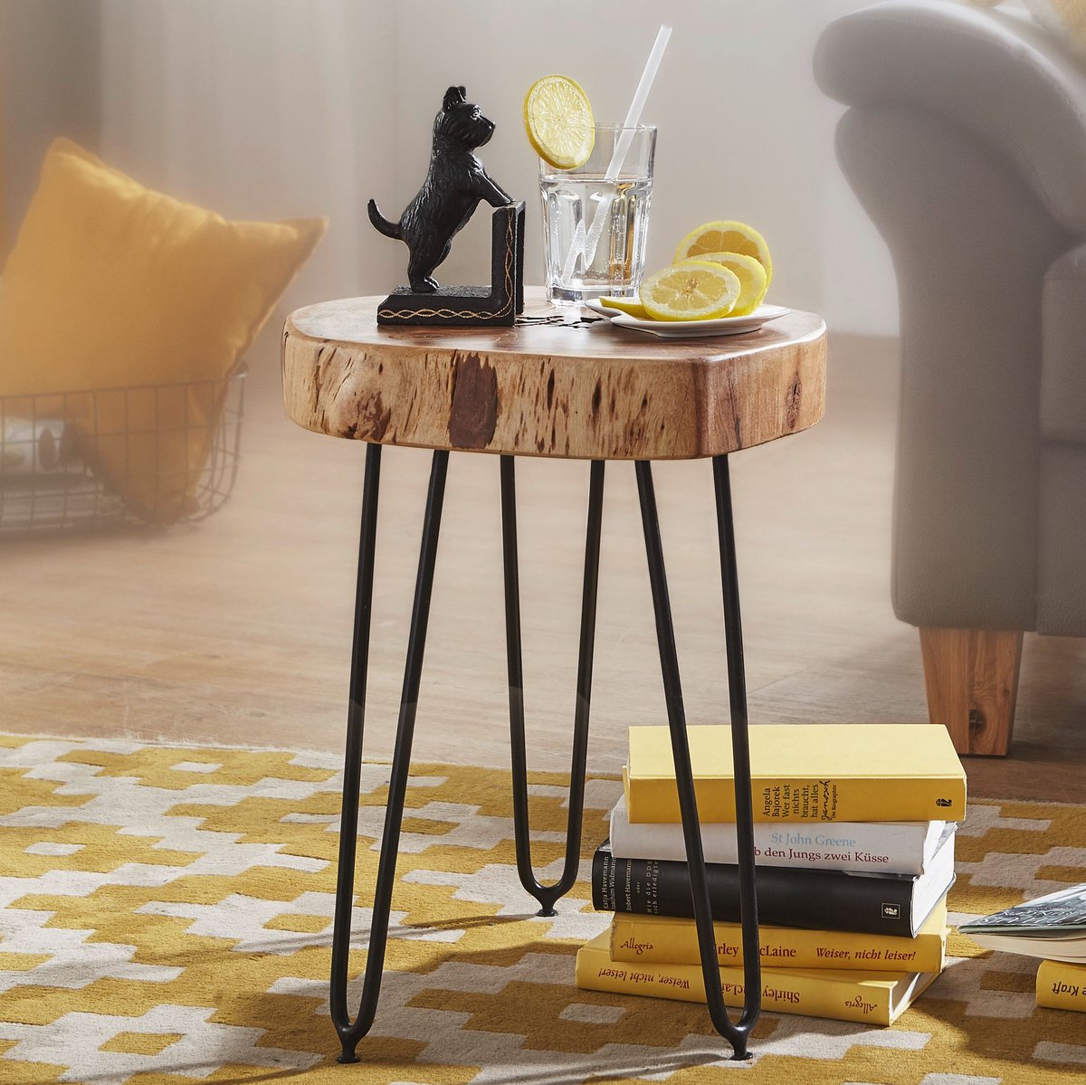 Massief houten acacia bijzettafel met haarspeldpoten 35 x 35 cm