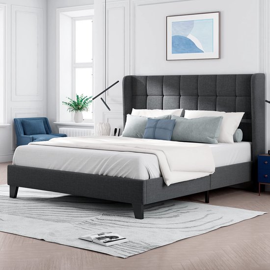 Gestoffeerd bed 140x200cm- gestoffeerd hoofdbord tweepersoonsbed met lattenbodem-grijs linnen- medium stevig (zonder matras)