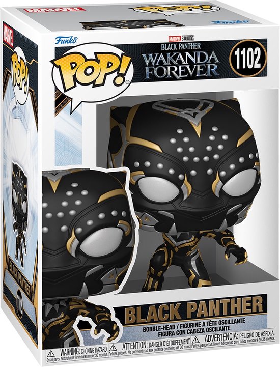 Zwarte Pop! figuur van Black Panther in de verpakking van 'Black Panther: Wakanda Forever', met gouden en zilveren details.