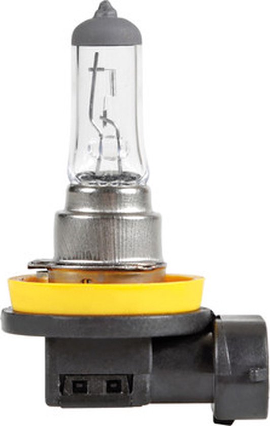 Halogeenlamp met een glazen lampje, zilverkleurige fitting en een gele en zwarte onderkant.