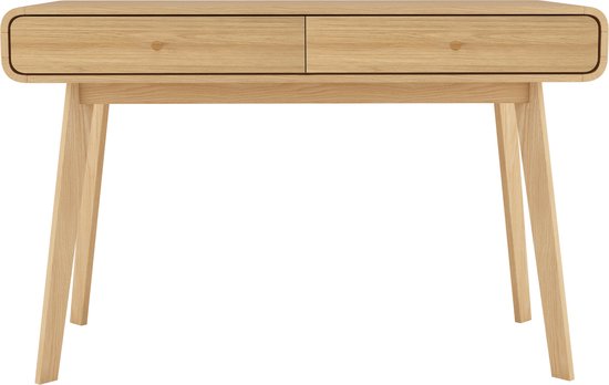 Bureau van eikenhout met twee lades en taps toelopende poten.