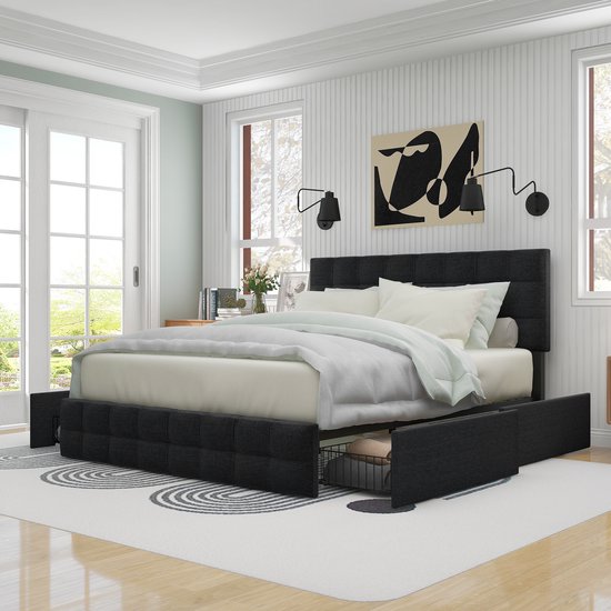Gestoffeerd bed met 4 laden- tweepersoonsbed met lattenbodem- in hoogte verstelbaar hoofdbord & vierkant genaaid design- metalen lattenbodem- linnenmateriaal 140x200 cm- Zwart