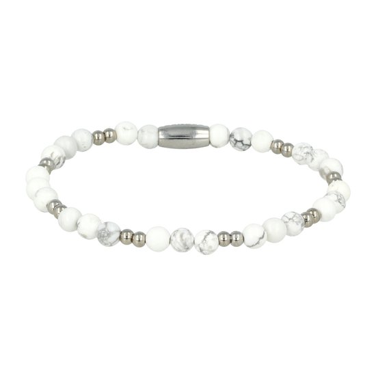 Zilverkleurige armband met witte en grijs gemarmerde howlite kralen en zilverkleurige accentkralen.