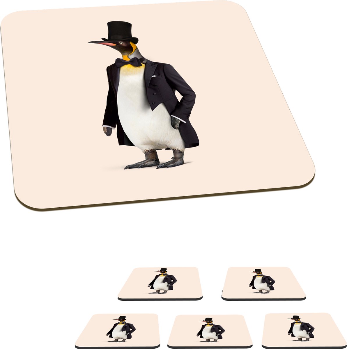 Onderzetters voor glazen - Pinguïn - Dier - Hoed - Zwart - 10x10 cm - Glasonderzetters - 6 stuks