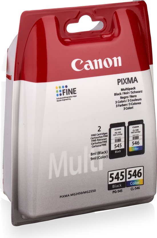 Canon Pixma multipack met zwarte PG-545 en kleurencartridge CL-546. Grijze verpakking met rode accenten.