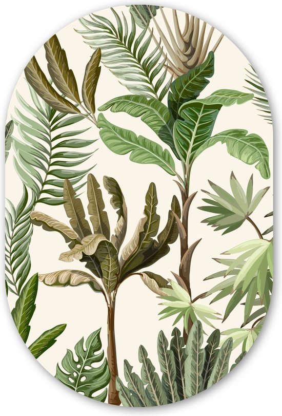Muurovaal - Wandovaal - Kunststof Wanddecoratie - Ovalen Schilderij - Jungle - Palmboom - Bananenplant - Kinderen - Natuur - Planten - 80x120 cm - Ovale spiegel vorm op kunststof