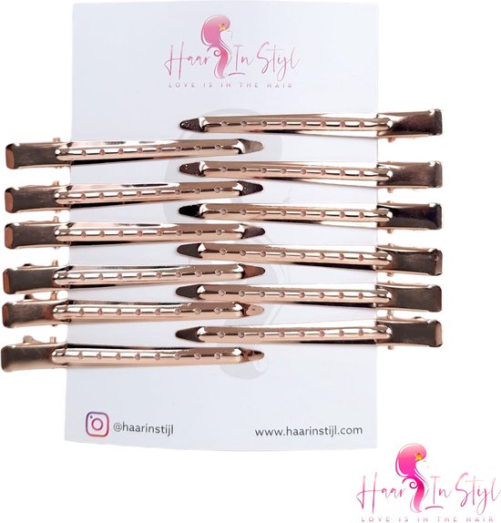 Haar in Stijl® | 12 stuks Lange Rosé Gouden Metalen Haarclips | haarklem | kapper haar tools clips klips klem | platbek | kappers haarklemmen | 12x Stevige Professionele afdeelklemmen