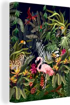 Canvas Schilderij Jungle dieren - Natuur - Jongens - Meisjes - Flamingo - Zebra - 30x40 cm - Wanddecoratie