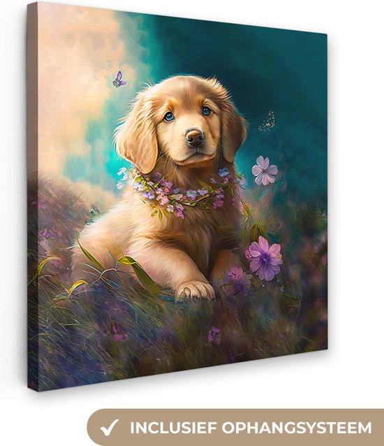 Canvas Schilderij Puppy - Bloemenkrans - Vlinder - Hond - Golden retriever - 50x50 cm - Wanddecoratie