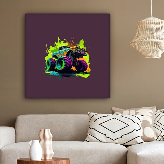 Canvas Schilderij Monstertruck - Groen - Neon - Auto - Design - 90x90 cm - Wanddecoratie